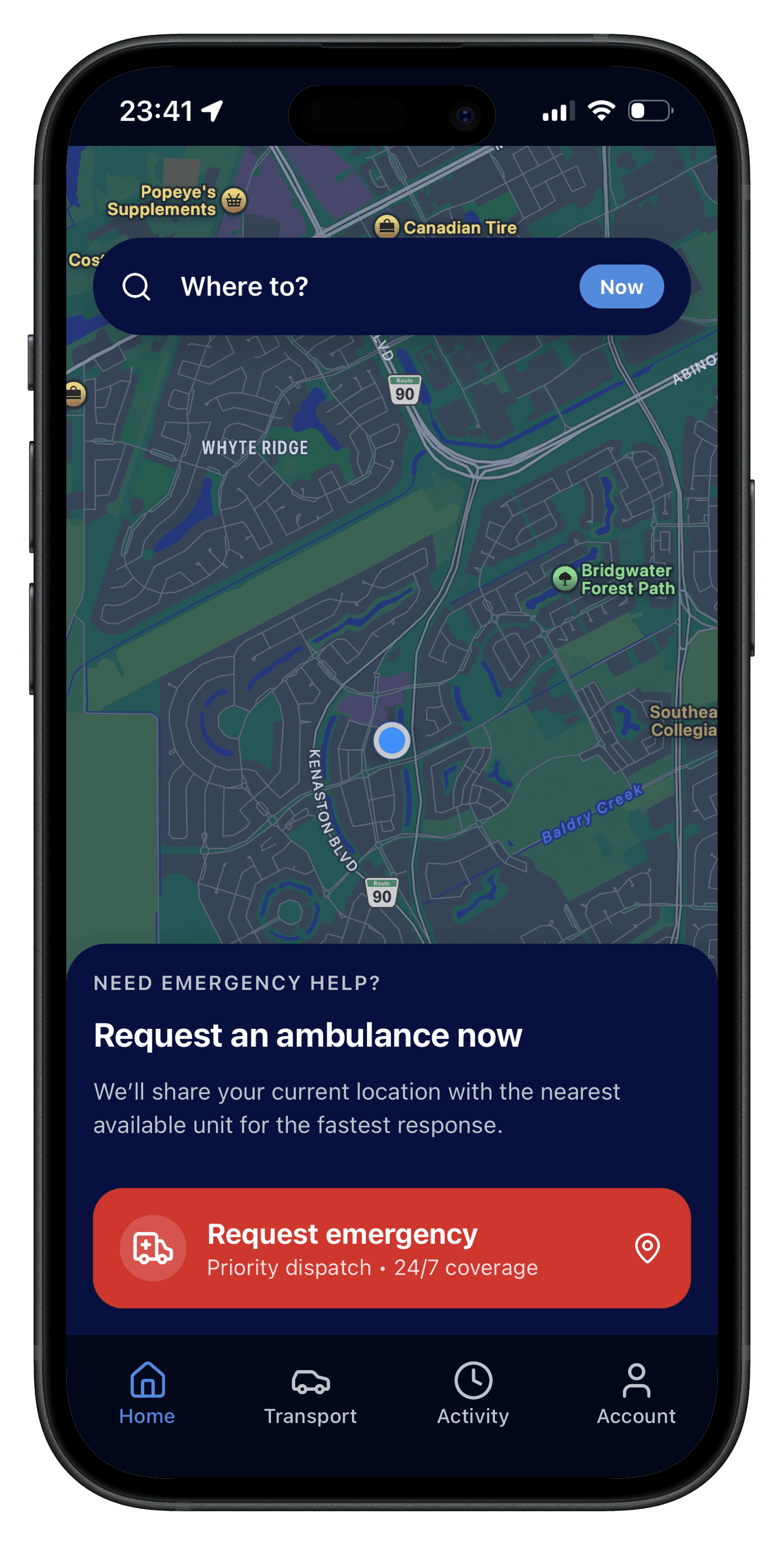 ActivRescue app showing map, search, and Request emergency ambulance flow